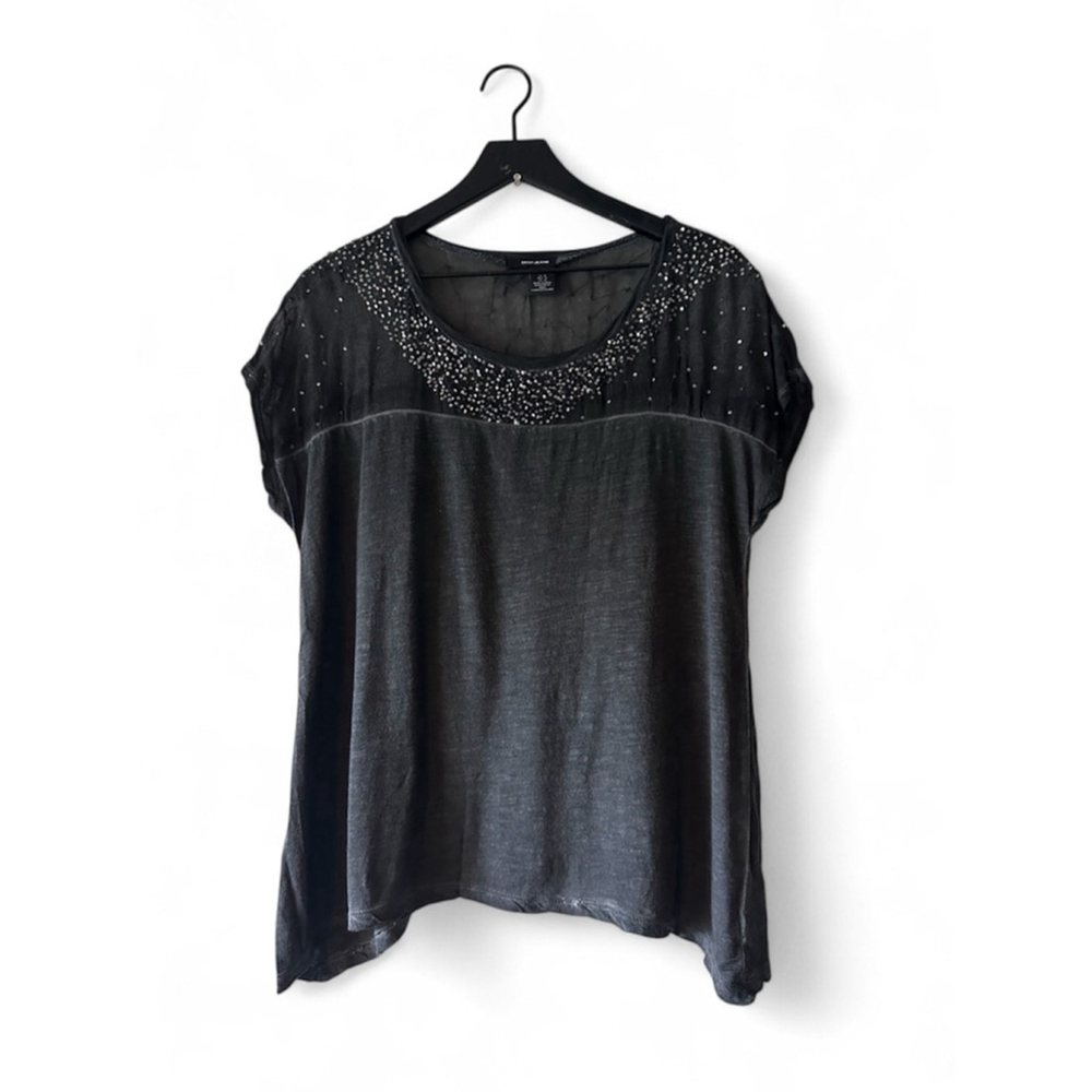 DKNY Jeans Black Sequin Sheer Panel Short Sleeve Top Women’s M